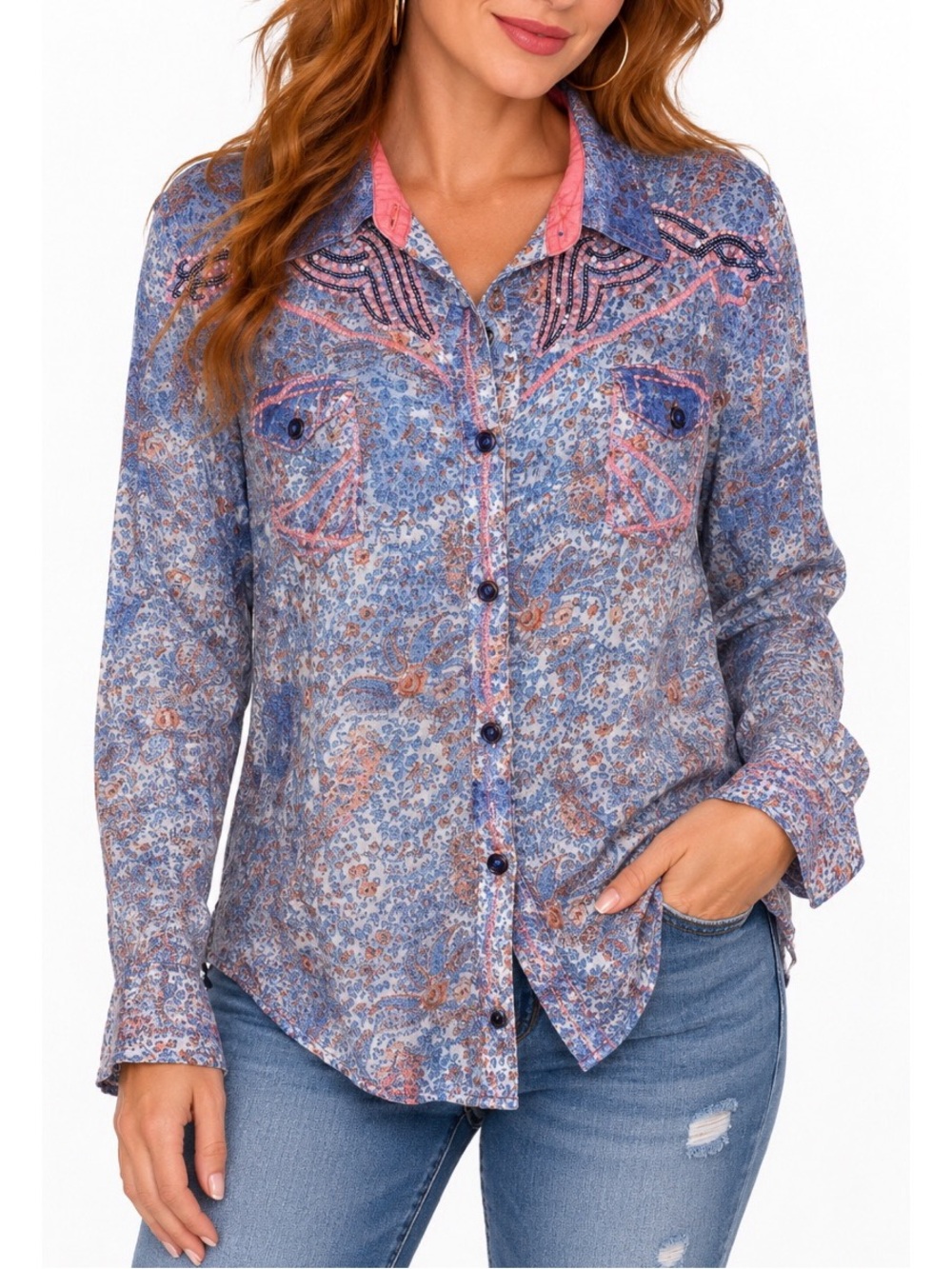 Roar western boho blouse features a beautiful blue, coral, & dusty pink paisley